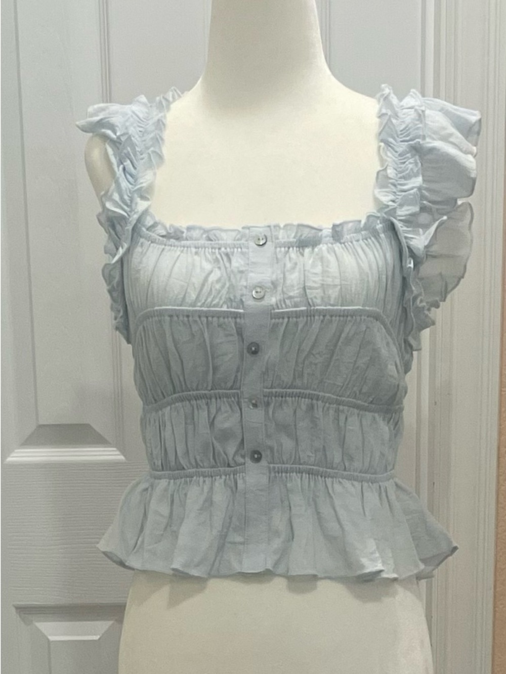 Light Blue Ruffled Button-Front Women's Tank Top